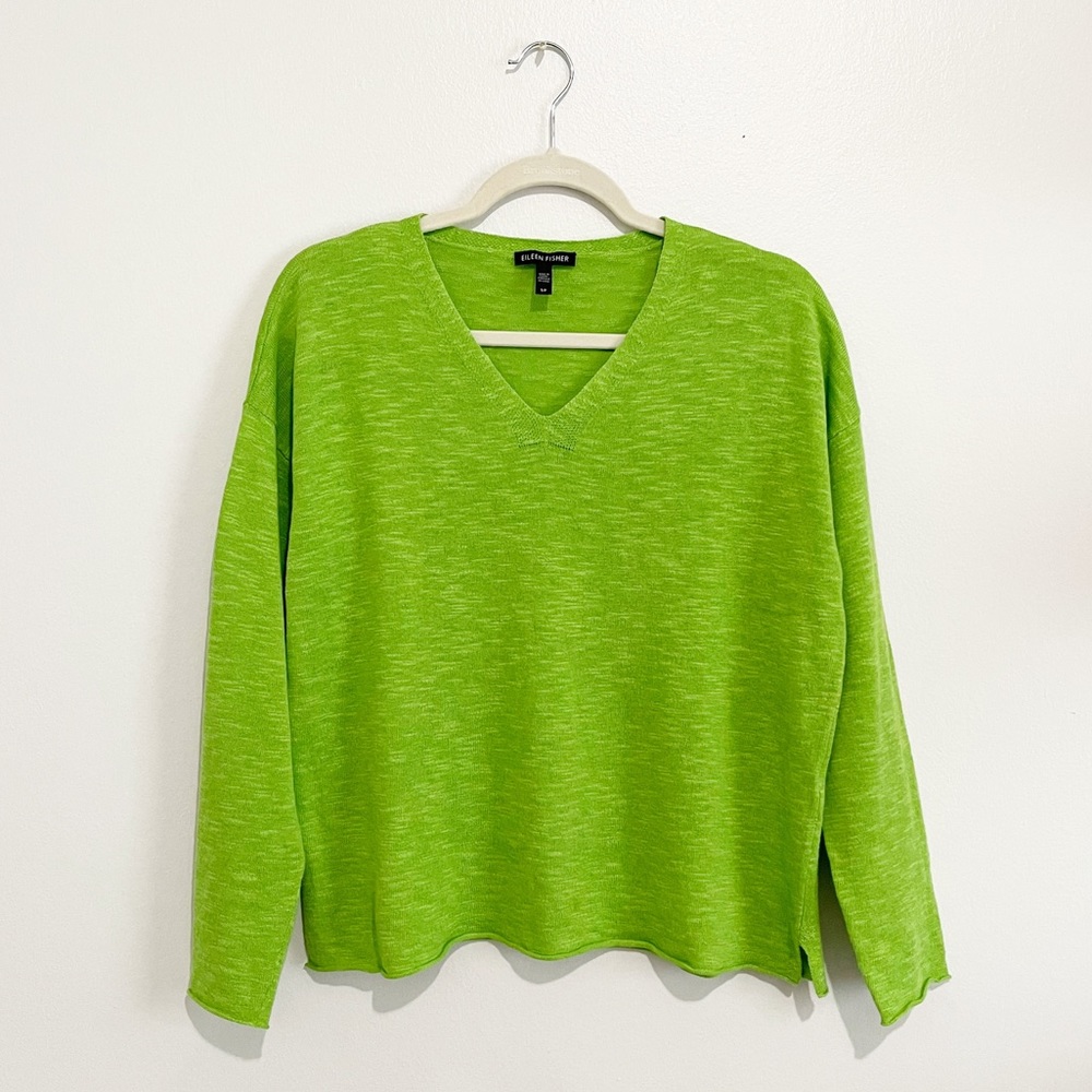 Eileen Fisher Linen Top V-Neck Long Sleeve Knit Classic Pullover Green Sz Small - Picture 5 of 7